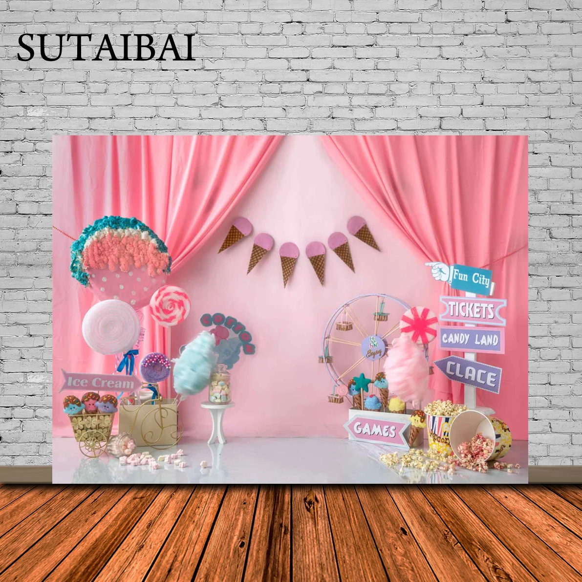 

Candy Bar Shop Theme Backdrop Ice Cream Car Cupcake Lollipop Sweet Baby Birthday Party Photography Background Photo Studio Props