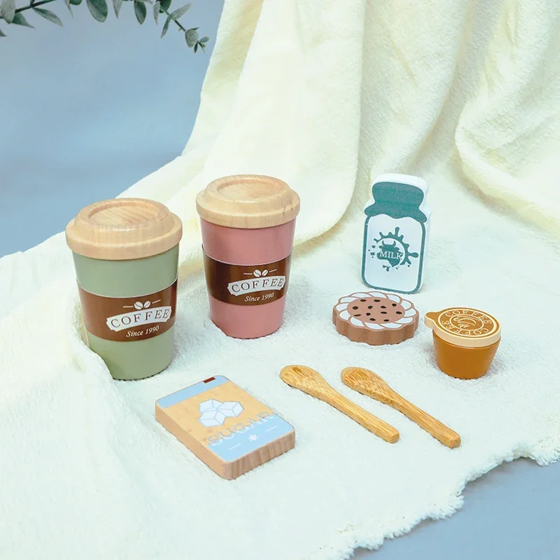مجموعة قهوة خشبية للأطفال الصغار، ملحقات المطبخ التظاهري، هدية للأطفال في المنزل، ألعاب تعليمية مبكرة