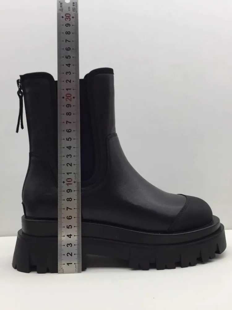 Kobiety splecione z prawdziwej skóry Chelsea Boots grube buty na platformie z okrągłym noskiem buty za kostkę nowe damskie krótkie buty na co dzień