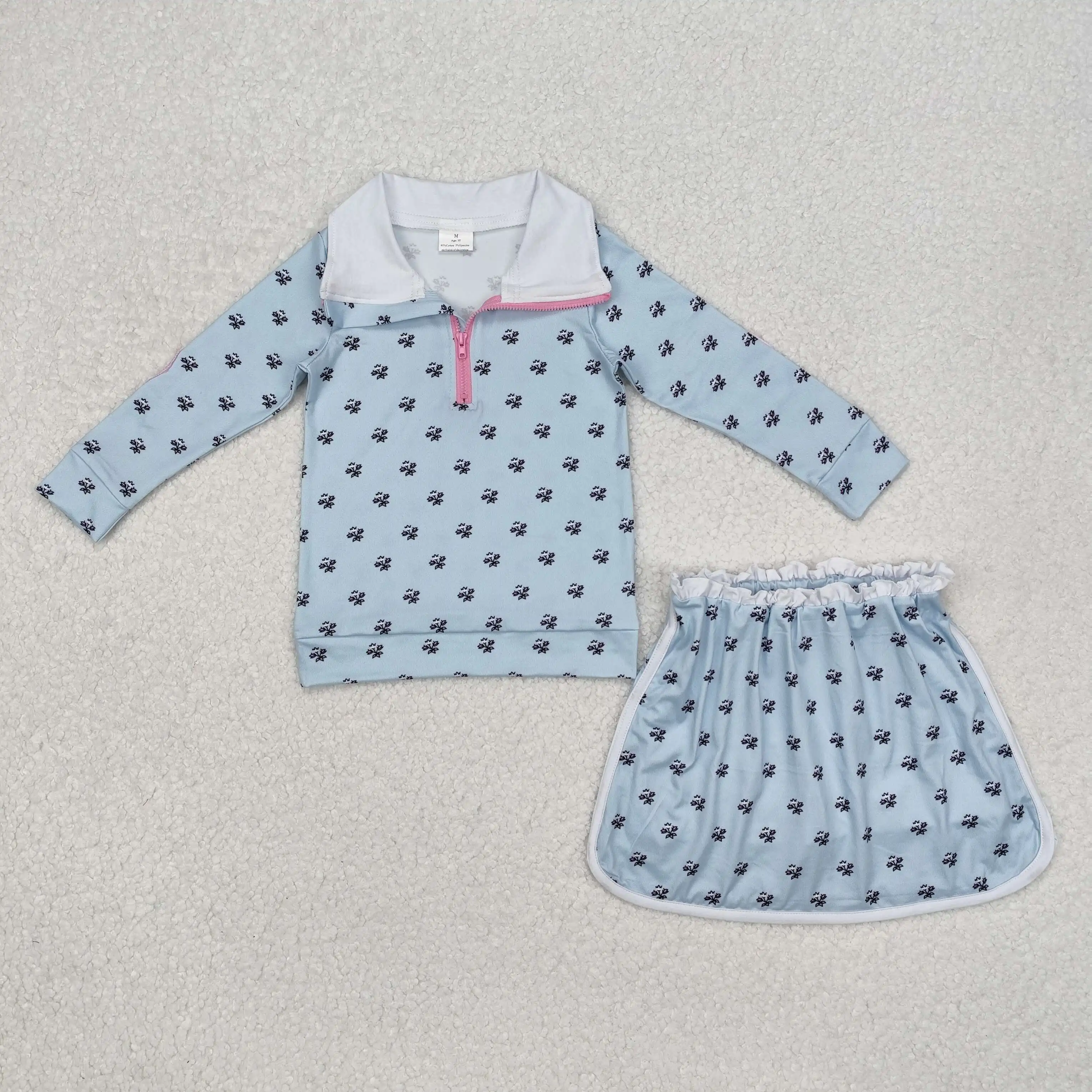 

Baby Girls Blue Flowers Zip Top Ruffle Skort Short Clothes Sets