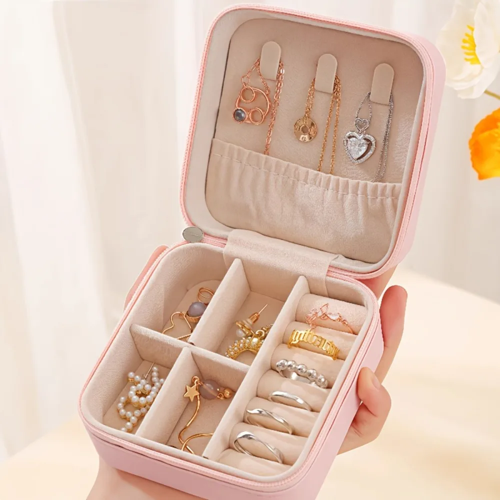 1pc Luxury PU Leather Jewelry Organizer - Double Layer Travel Case with Zipper, Multi-Compartment for Necklaces, Earrings, Rings