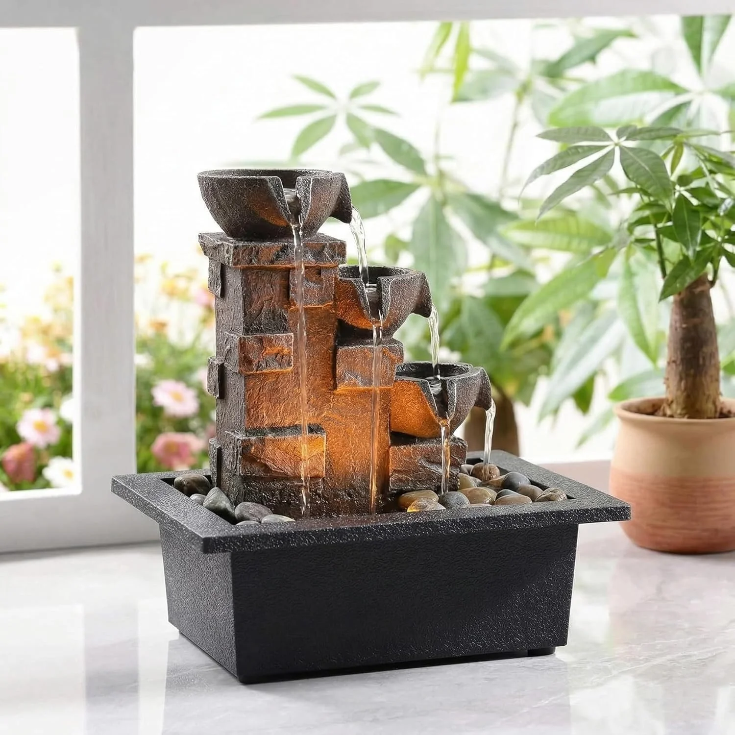 

Трехуровневый настольный фонтан с каменной стенкой и LED-подсветкой, с натуральными речными камнями, для офисного отдыха и дзен-медитации, водопад