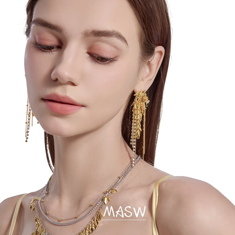 MASW Original Design Popular Style Thick Silver Plated Gold Color Crystal Leaf Tassel Earrings For Women Girl Fashion Jewelry