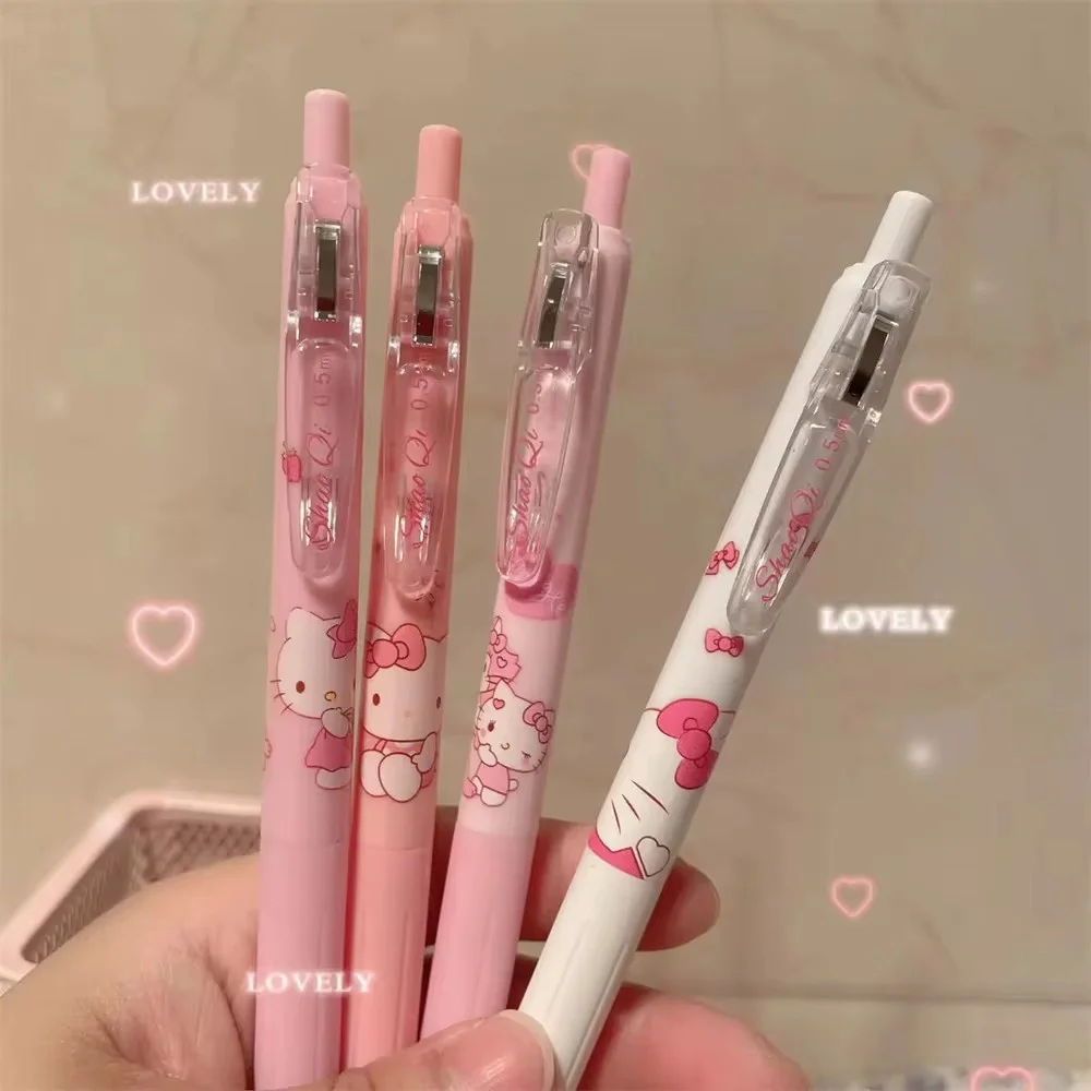 4pcs/HelloKitty Pen Anime Sanrio 0.5mm Gel Pens Girls Stationery Press Pen Kawaii Pink Student Supplies Children Writing Tools