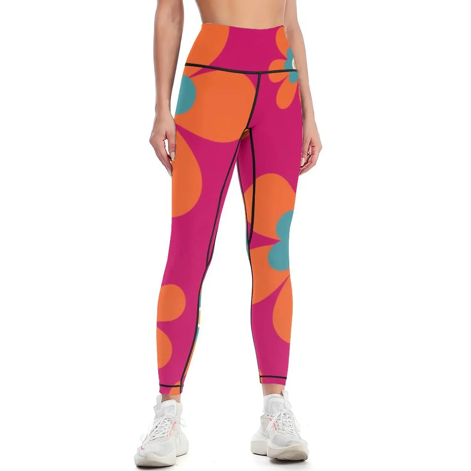 

Cute retro 70s colorful autumn flower power bright orange and hot pink graphic pattern. Caroline Laursen Original Leggings