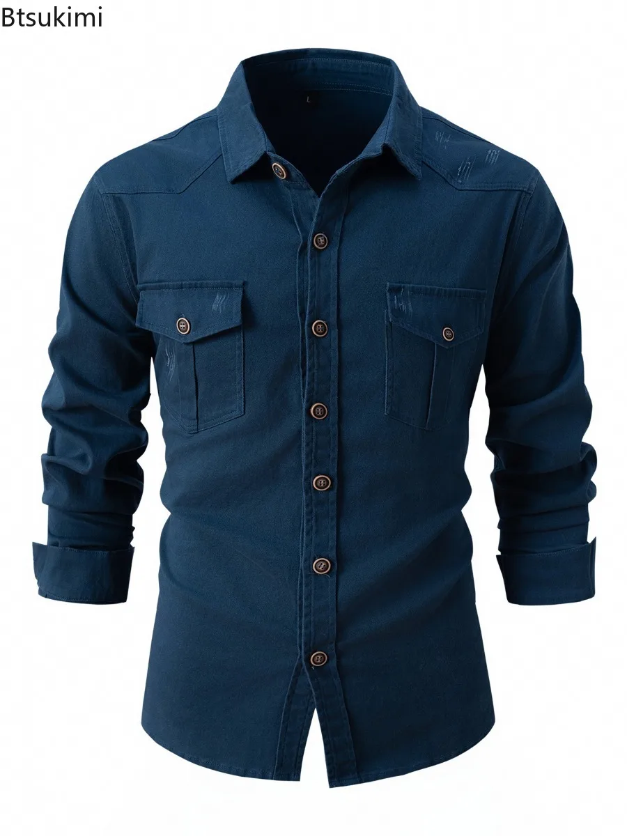 Men's Autumn Winter Wash Stretch Cotton Shirts Casual Fashion Business Long Sleeve Shirts Double Pocket Design Men Shirt Jackets