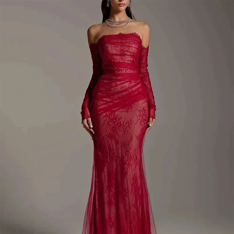 

Red Lace Pleat Formal Evening Dresses فساتين سهرة Exquisite Off the shoulder Long sleeve Party Dress/Prom Gowns