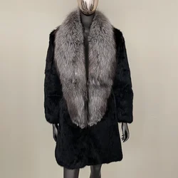 Fur Medium Long Super Silver Fox Fur Collar Coat 2024 New Women's Winter Fur Coat Fashion Casual Real Rabbit Hair Coat Women's