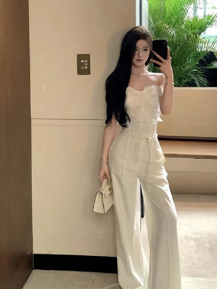 

Summer Faion White Sa Bustier Wide Leg Pants Two Piece Set Women's Casual Age-defng Sli Ensemble