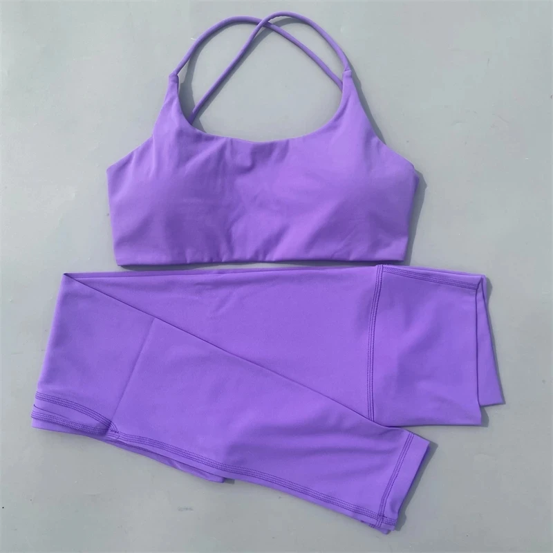 Solid Color Gym Yoga Set Women Yoga Set 2 Piece Workout Tracksuit Fitness Suit High Waist Legging Cross Back Sports Bra Athletic