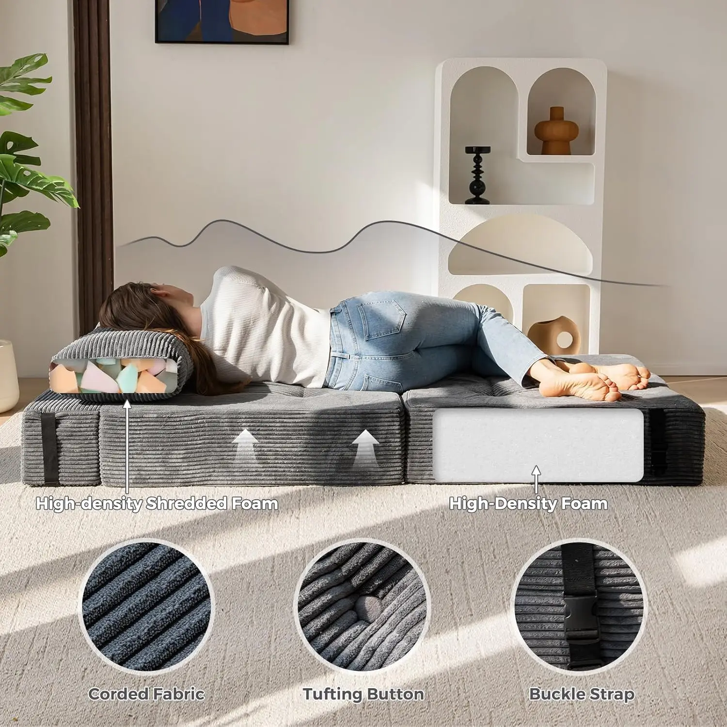 سرير أريكة قابل للطي، سرير أريكة قابل للتحويل مع رغوة دعم عالية الكثافة، كرسي محمول 4 في 1 قابل للطي إلى كرسي أرضي، متعدد الاستخدامات #6