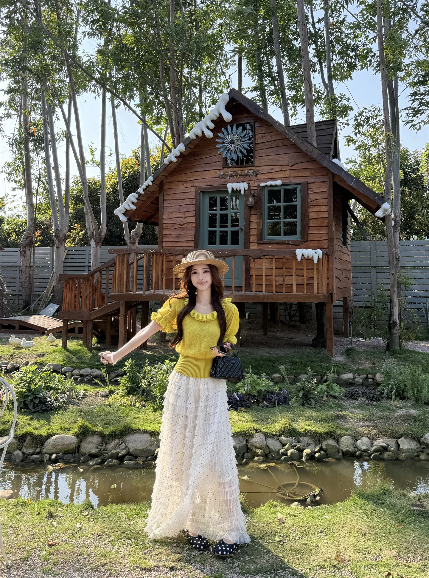 

Kumikumi Design Color Bubble Sleeve Short Sleeve Knitted Sweater Women's Spring Polka Dot Half Skirt Long Dress Two Pie...