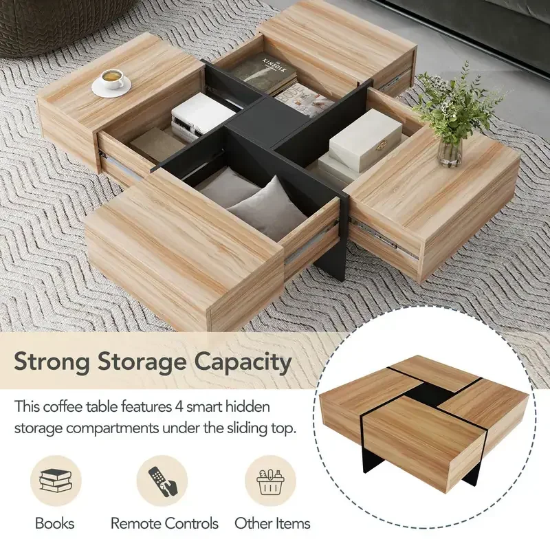 Unique Design Coffee Tea Table with 4 Hidden Storage Compartments Square Cocktail Table for Living Room Furniture