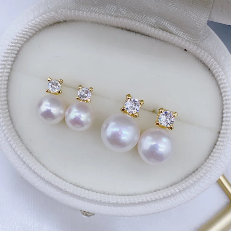 

S925 silver needle gold-plated earrings with flat round natural freshwater pearl pendants