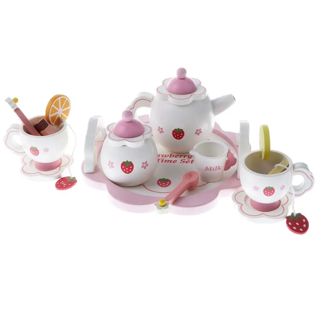 Pretend Play Wooden Tea Set, Include Kettle, Cups, Dishes, Cute Strawberry Painted, Non-, Toy, Development