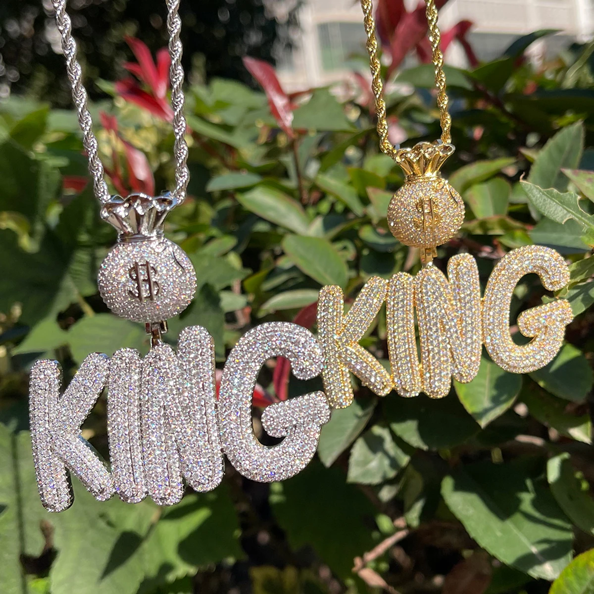 Bubble Letter Custom Name Necklace for Men Money Bag Bail Iced Out Personalized Pendant Prong Setting Hip Hop Jewelry