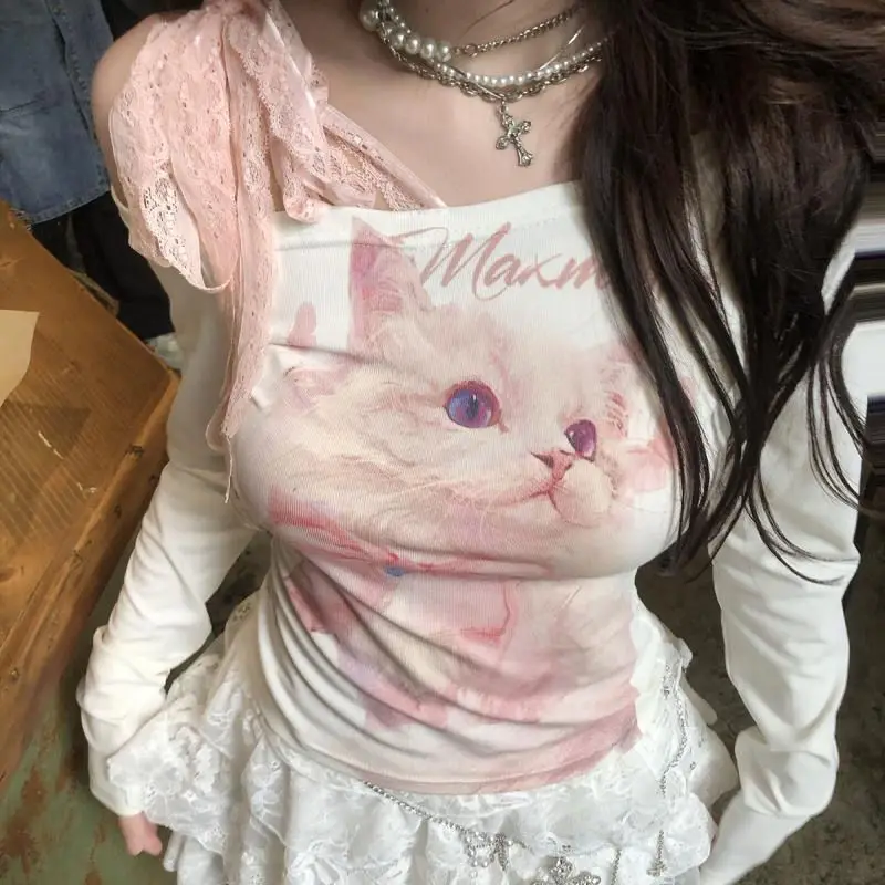 

Lace Patchwork Slim Y2K Tops Women Clothing New Spring Korean Long Sleeve Print Off Shoulder Sexy T Shirts Fashion High Street