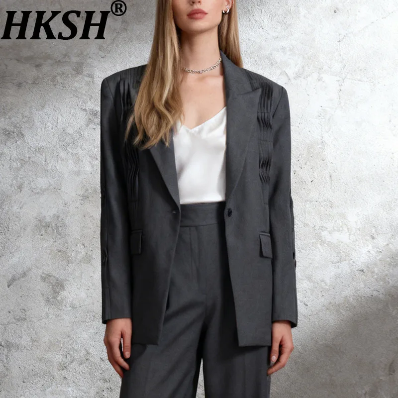 

HKSH весенне-осенний новый женский пиджак однотонный плиссированный на одной пуговице минималистичный дизайн элегантное модное офисное женское пальто HK16279