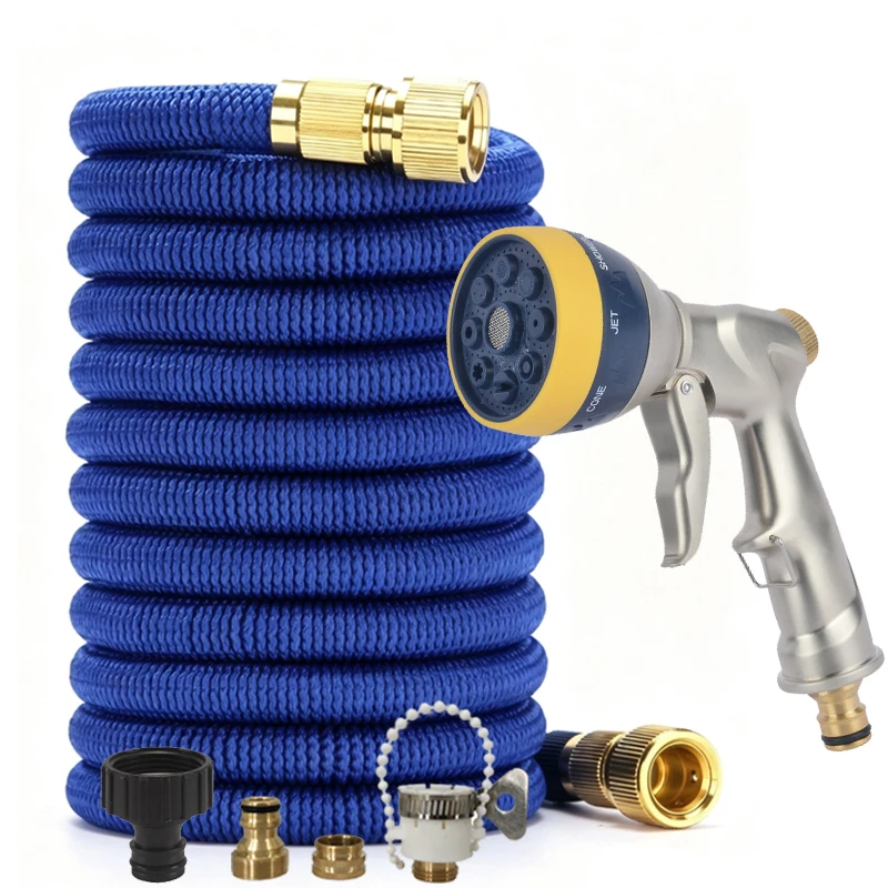 Flexible And Expandable Garden Blue Water Pipe 25-100FT, Heavy-Duty Metal Water Gun, Used For Garden Farm Irrigation