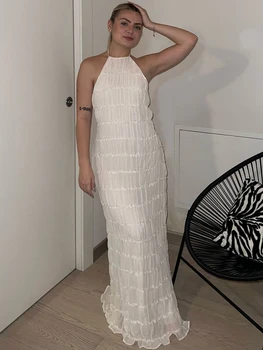 Mozision Halter-Backless Sexy Maxi Kleid Für Frauen Frühling Sommer Neue Spitze-up Ärmelloses Plissee Strand Urlaub Langes Kleid elegante