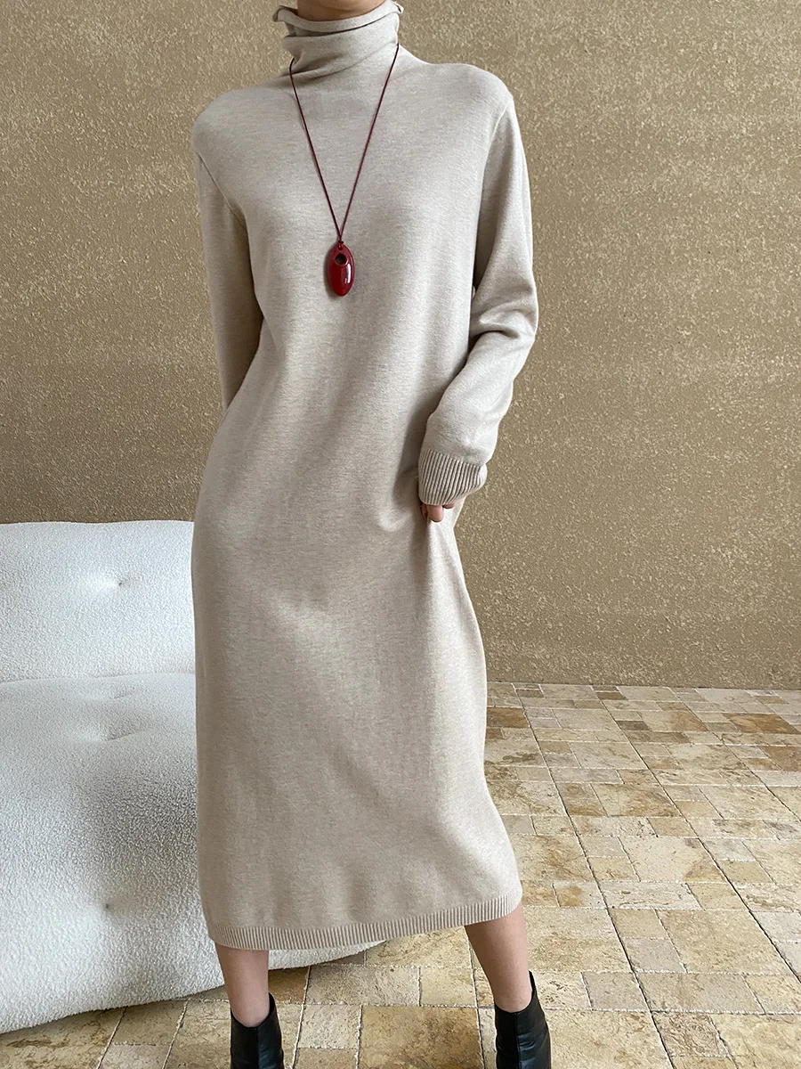 Winter women\'s casual solid color high neck long sleeved knitted dress