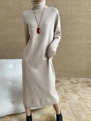 Winter women's casual solid color high neck long sleeved knitted dress