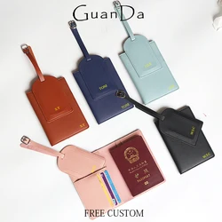 Custom Name Travel Passport Holder Set Leather Portable Luggage Tag Suitcase Label Engrave Initials Passport Cover Wallet Gift