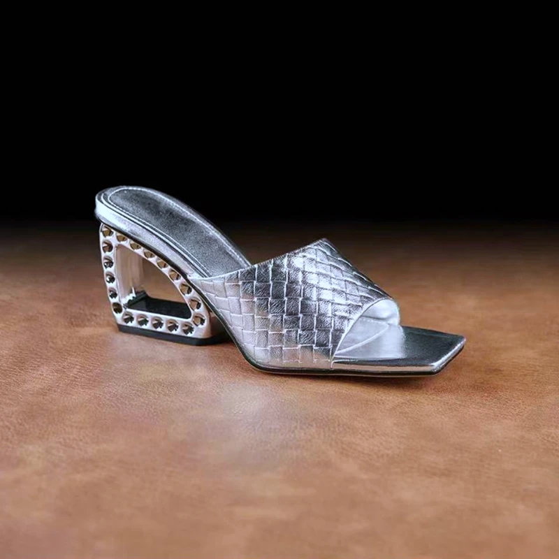 

Women's new summer leather embossed cowhide high-heeled wedge heel exposed toe fashionable star style slippers