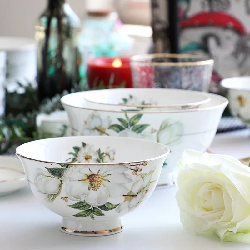 أواني الطعام الصينية العظام أوعية سالا الأرز السيراميكية المنزلية، أطباق، أوعية الحساء، طبق عميق، طبق ستيك مسطح أدوات المائدة الزهرية #3