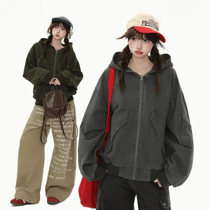 

KOJIA American Retro Waed Distred Design Hooded Jaet Flight Jaet Women Winter Loose Trendy Cotton Zipper Closure