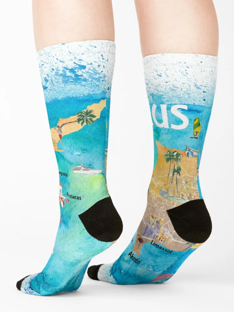 Cyprus Illustrated Map with Main Roads Landmarks and Highlights Socks cotton luxe retro Children's Socks For Man Women's