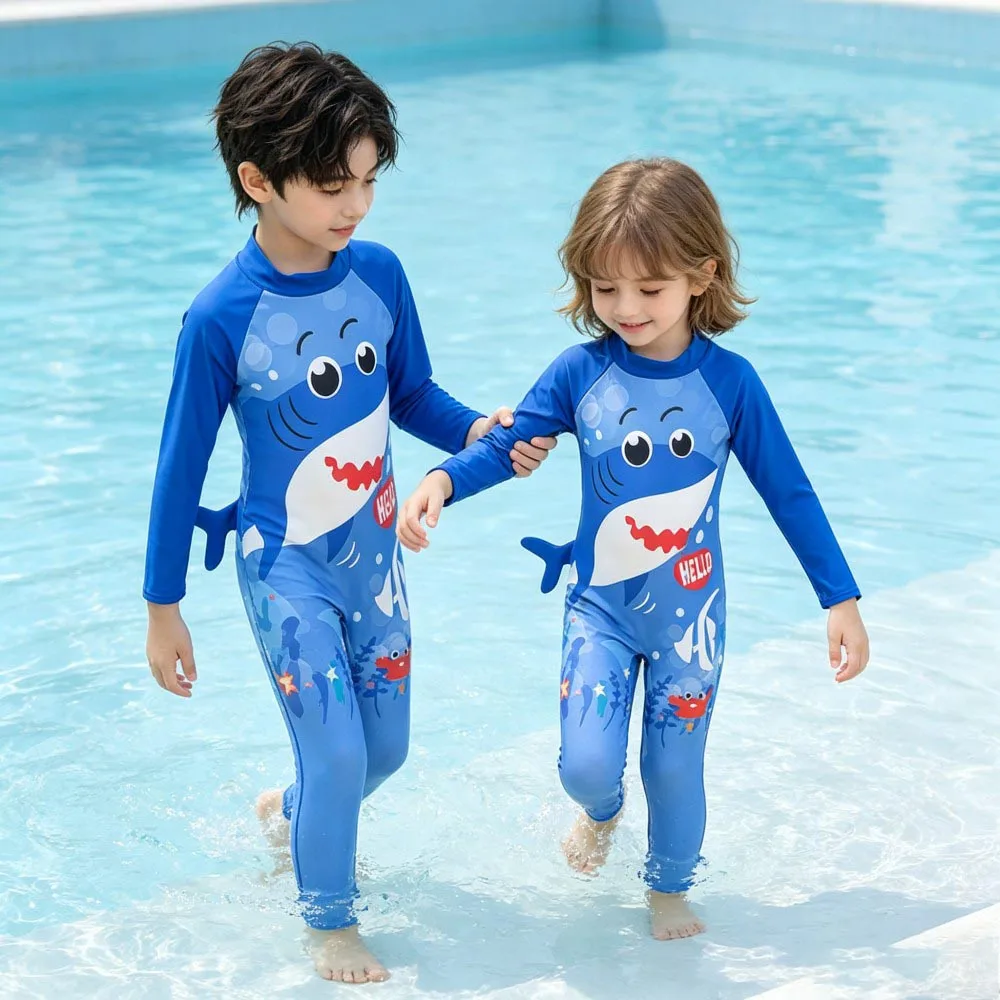 Children Long Sleeve One Piece Swimsuit Cartoon Dinosaur Shark Pattern Quick Dry Toddler Boys Beach Pool Surfing Swim Costume