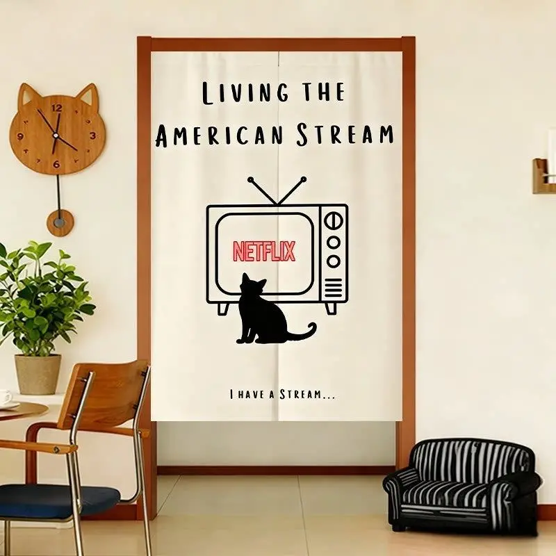Fun Black Cat Door Curtain, Simple Cartoon Cat Fabric Door Curtain, No Punching, Bedroom Entrance, Privacy Partition Curtain