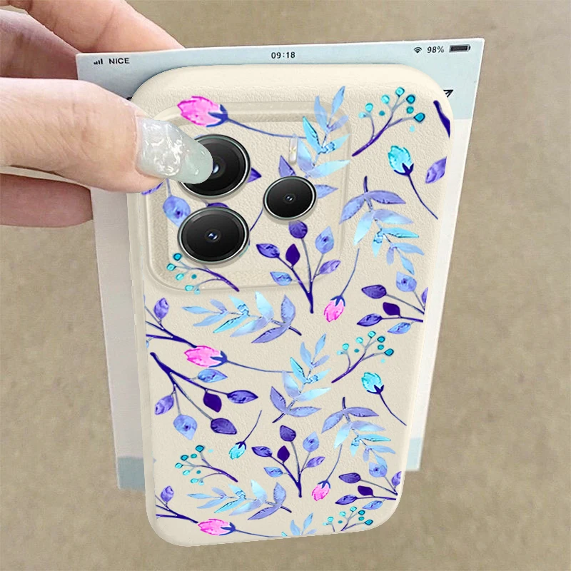 

Чехол для телефона с принтом синих листьев для Xiaomi Redmi Note 14 13 Pro Plus 5G Note 13 12 11 14 Pro 13C 4G с текстурой кожи, мягкий чехол из ТПУ