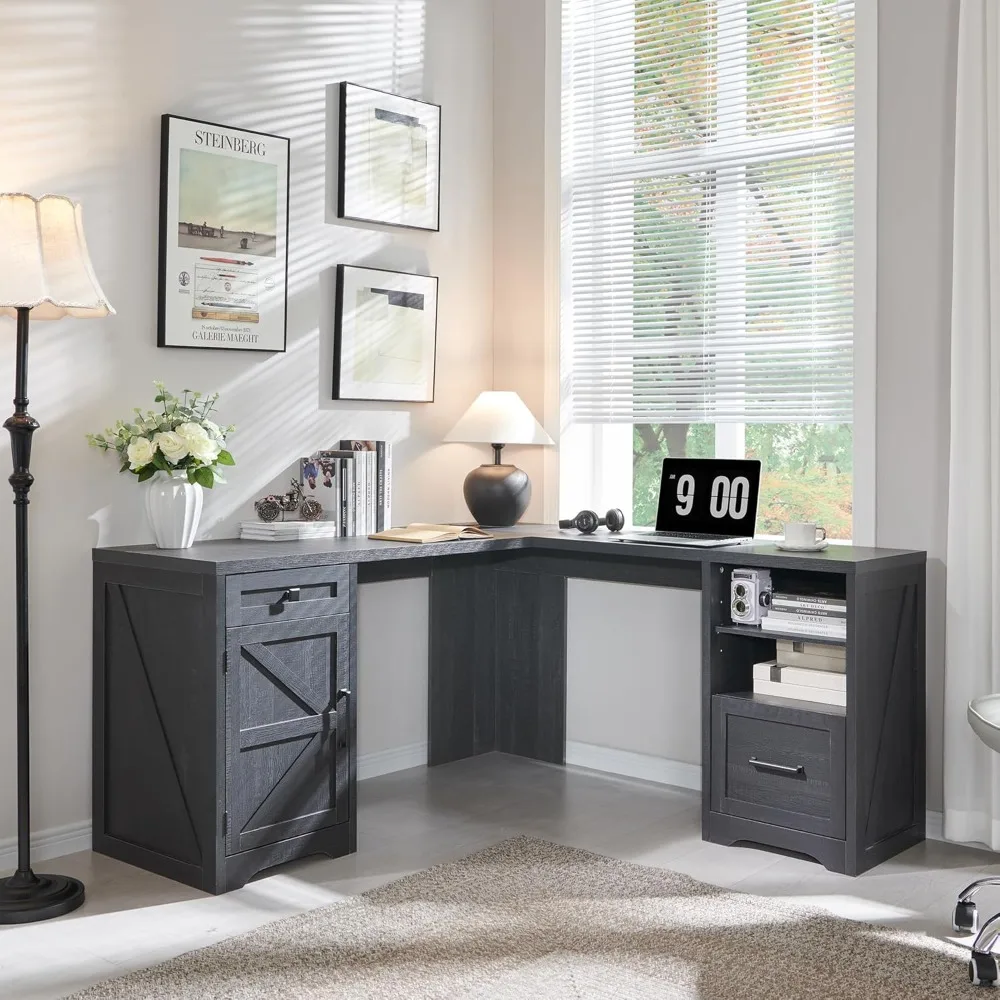 

59x60Inch L Shaped Desk with File Drawer & Charging Station, Home Office Huge Workspace Study Writing Desk, Computer Desk