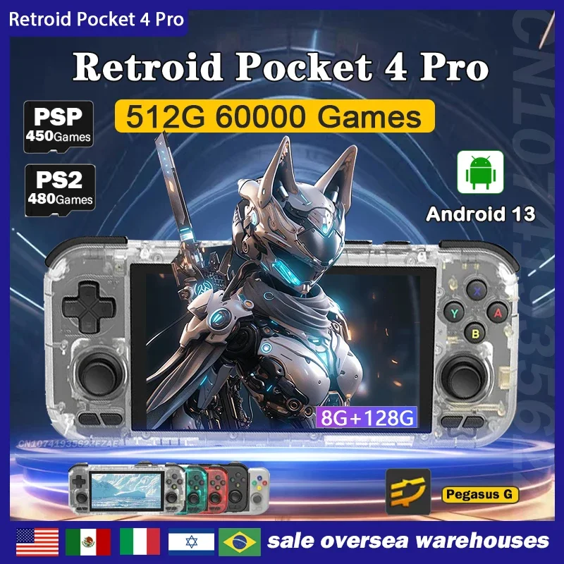 NEW Retroid Pocket 4Pro Handheld Game Console 4.7Inch Touch Screen RAM 8GB WiFi 6.0 Bluetooth 5.2 3D Hall Sticks PSP PS2 Games