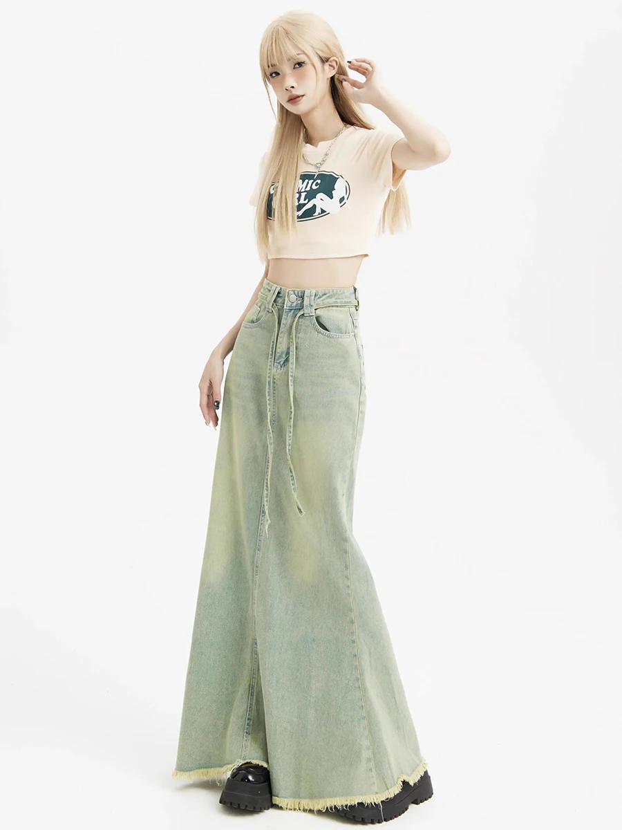 REDDACHiC Retro Green Wash Denim Maxi Skirt Women Y2k Bandage High Waist Raw Edge Long Mermaid Jeans Skirt Korean Streetwear