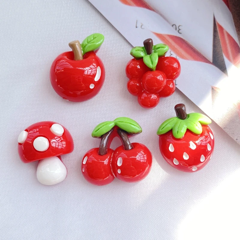 10 Pcs New Cute Cartoon Mushrooms, Strawberries, Apples, Cherries Series Flat Back Resin Scrapbooking DIY Jewelry Hairpin Craft