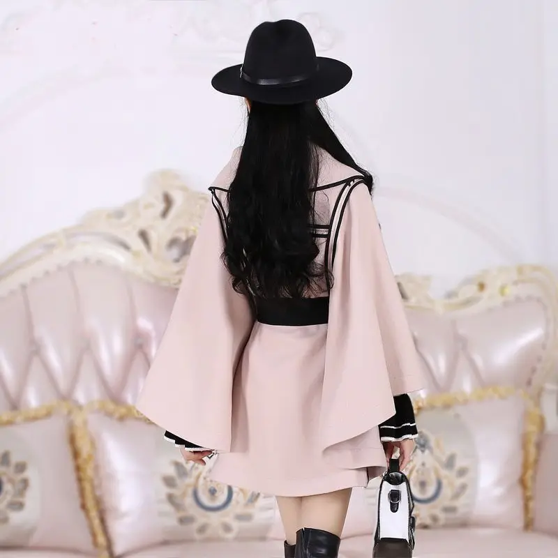 2023 New Spring Autumn Women Coats  Women's Beige Black-Edged Bat Cloak Cape Woolen Coat