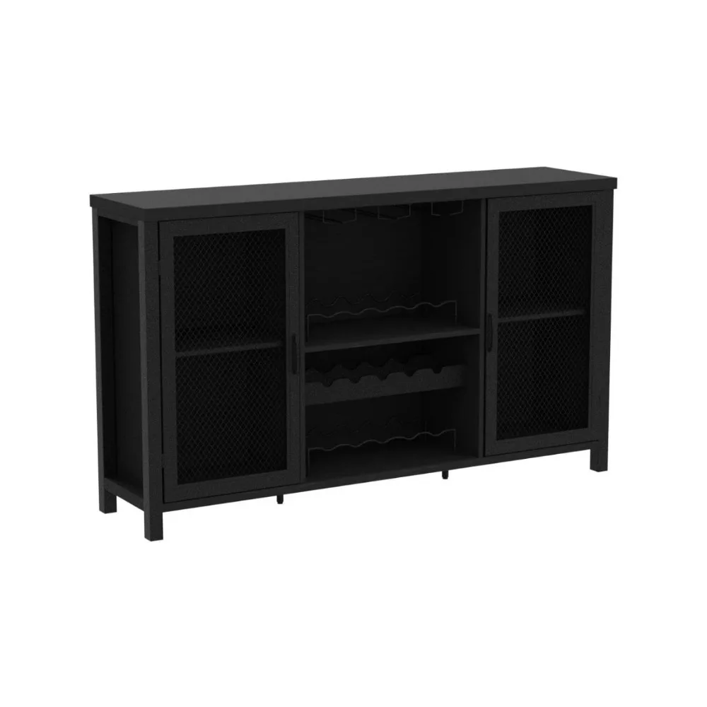 Black Coffee Bar Cabinet, Liquor Cabinet with Wine Rack Storage, Industrial Kitchen Buffet Cabinet for Liquor and Coffee