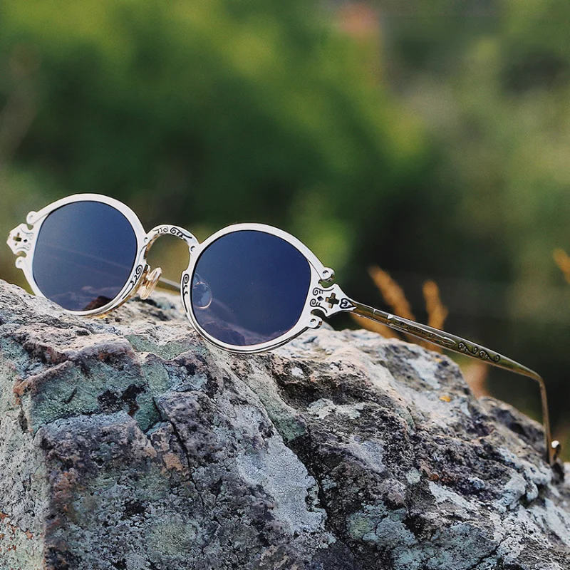 Japoński styl Steampunk owalne okulary przeciwsłoneczne luksusowe gotyckie metalowe oprawki grawerowane okulary Street strzelanie okulary okulary przeciwsłoneczne UV400