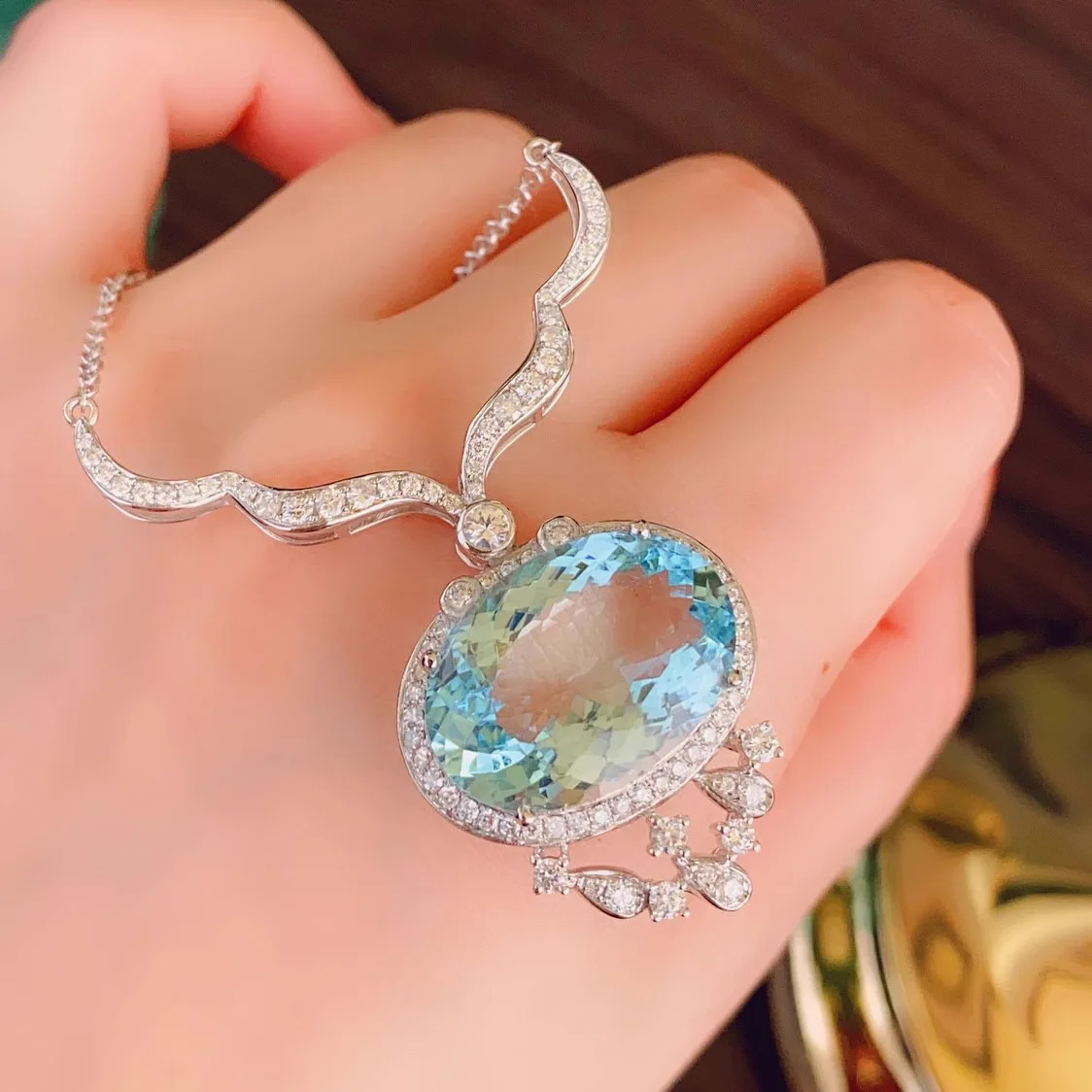 925 Silver Luxury Sea Blue Color Zircon Jewelry Long Tassel Water Drop Pendant Necklace Bridal Wedding Party Jewelry for Women