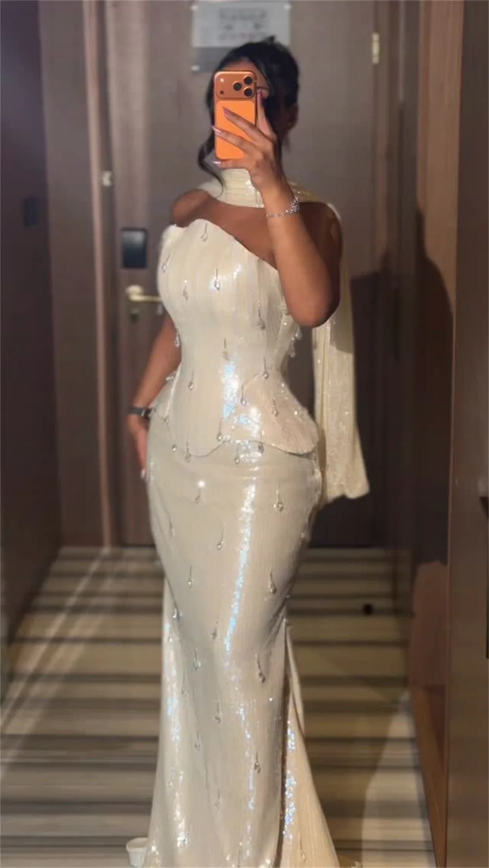Contessa Custom White Shiny Sequins Strapless Prom Dresses Elegant Rhinestones Vestidos De Noche High Waist Zip Formal Evening