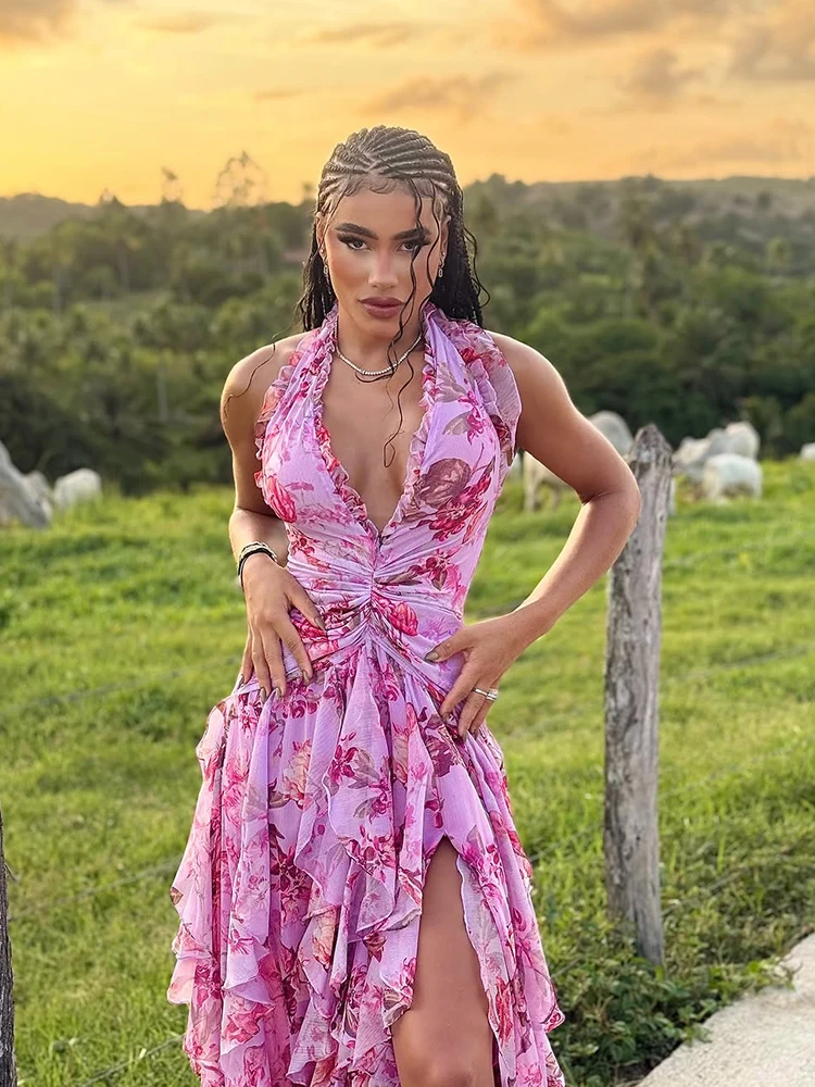 Abito lungo da donna elegante con stampa floreale alla caviglia, spacco alto, fluido, da festa estivo, corpetto increspato alla moda, design con scollo a V profondo