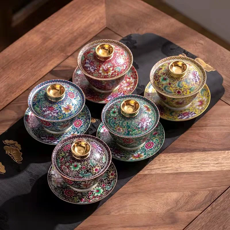 

Gaiwan Tureen Teaware Tibetan Ceremony Infuser Enamel Color Cover Bowl Tea Cup Set Large Single Ceramic Pot Bearing Kungfu