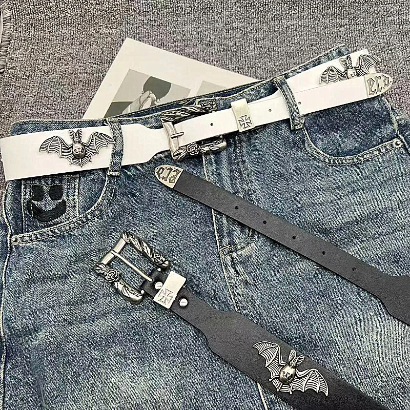 Gothic Design Erd Bat Men's Waist Belt Cross Hollow Double Nail Punk Rivet Double Row Belt Rock Personality Y2k Belt 2025