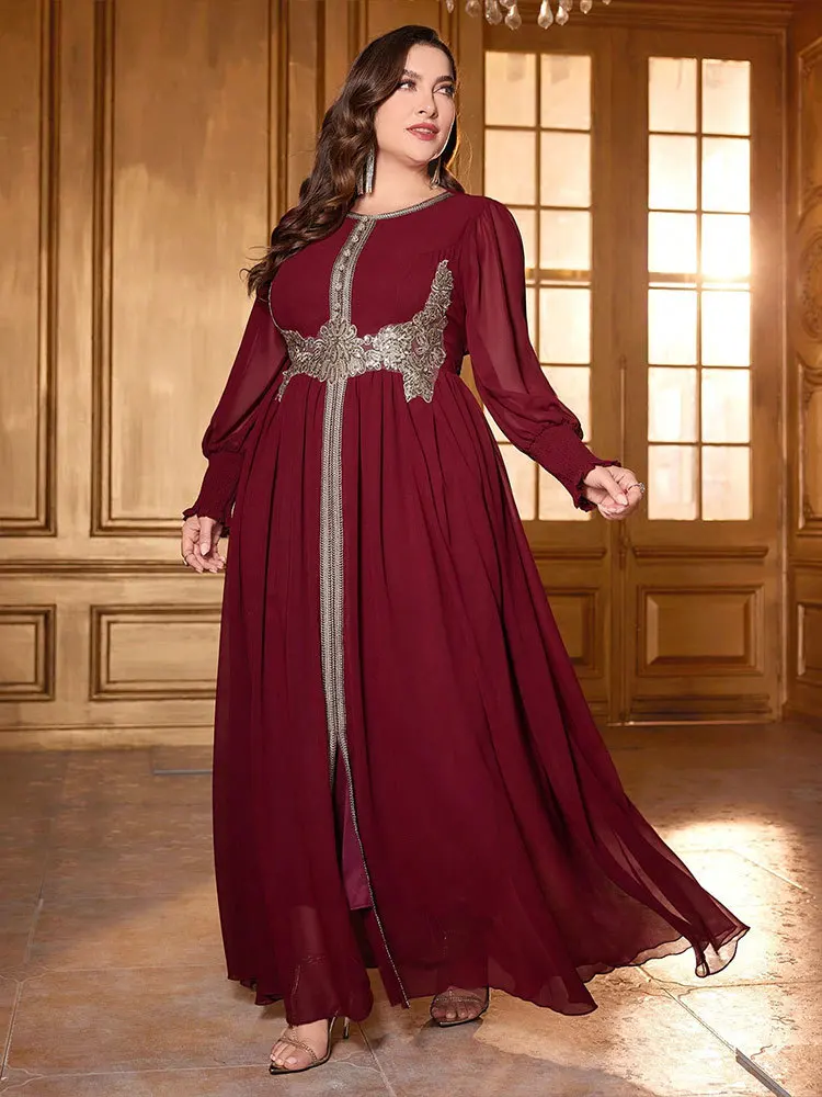 2025 New Luxury Chiffon  Long Sleeve Maxi Dresses Plus Size Women  Embroidery Patchwork High Waist Evening Party Dress Morocco