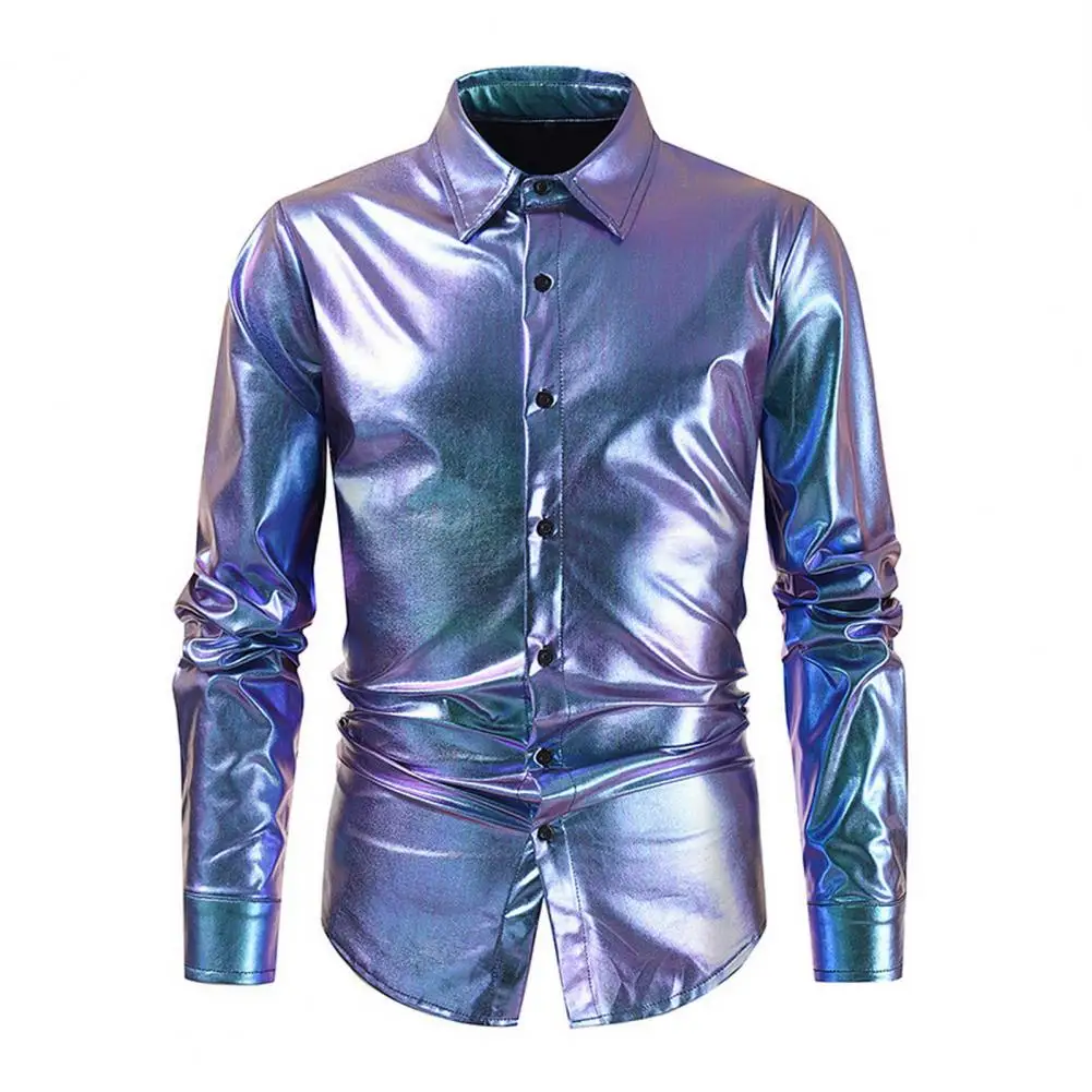 Men Relaxed Fit Shirt Men Top Men\'s Glossy Satin Performance Shirt with Turn-down Collar Single-breasted Design for Club Party