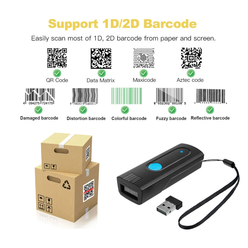 Imagem -03 - Leitor de Código de Barras sem Fio Bluetooth de Alta Velocidade Pequenos Dispositivos de Scanner de Bolso Nenhum Aplicativo Pode Carregar para Tablet no Telefone ou Computador