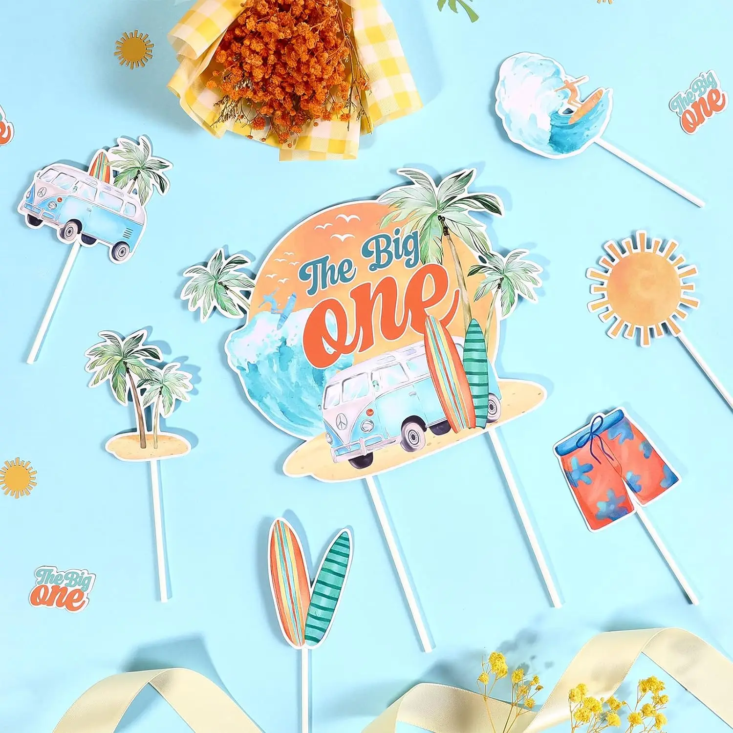 25Pcs The Big One Surf Cake Toppers for 1st Birthday Summer Beach Birthday Decor for Boy Girl’s First Birthday Party Supplies